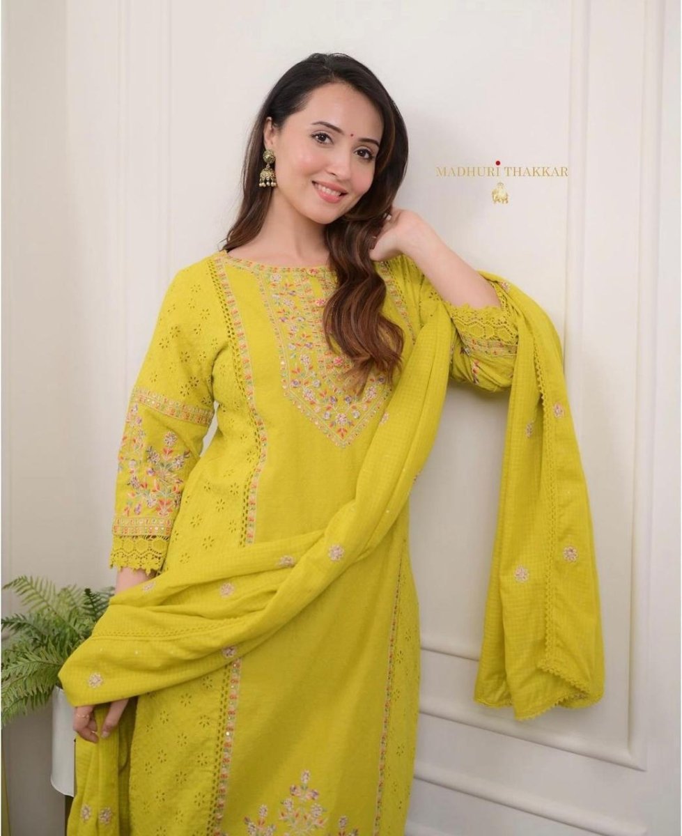 Yellow Schiffli Cotton Kurti, Pant and Dupatta UK Next Day - BONYHUBSALWAR KAMEEZ