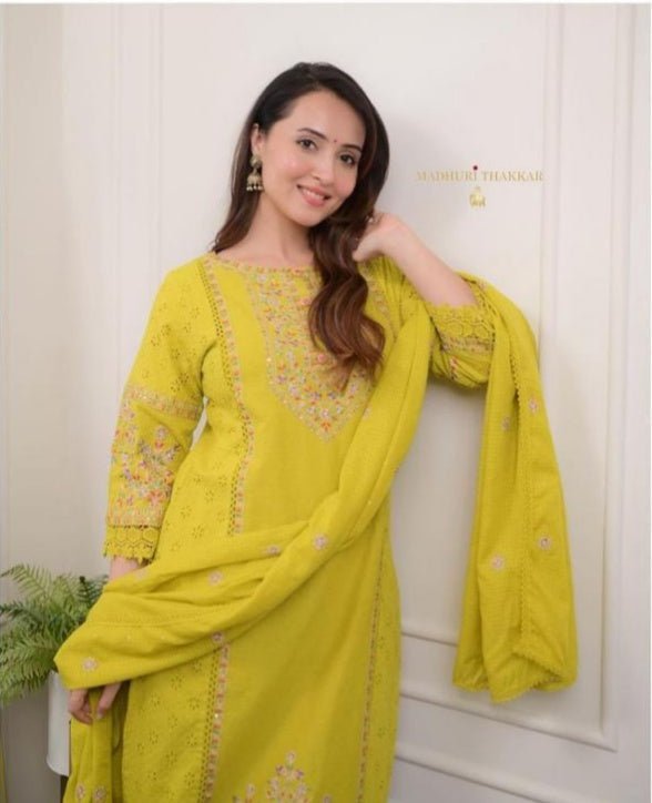 Yellow Schiffli Cotton Kurti, Pant and Dupatta UK Next Day - BONYHUBSALWAR KAMEEZ