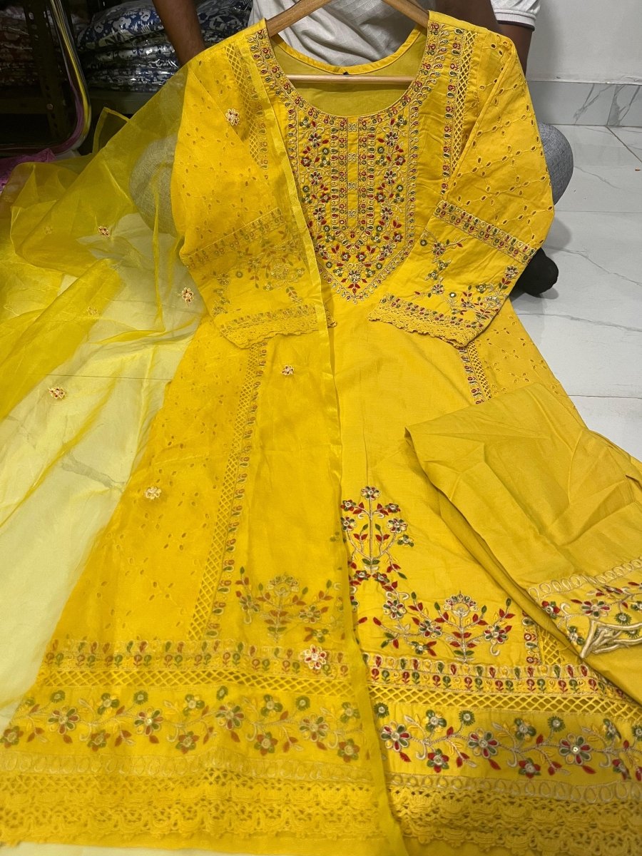 Yellow Schiffli Cotton Kurti, Pant and Dupatta UK Next Day - BONYHUBSALWAR KAMEEZ