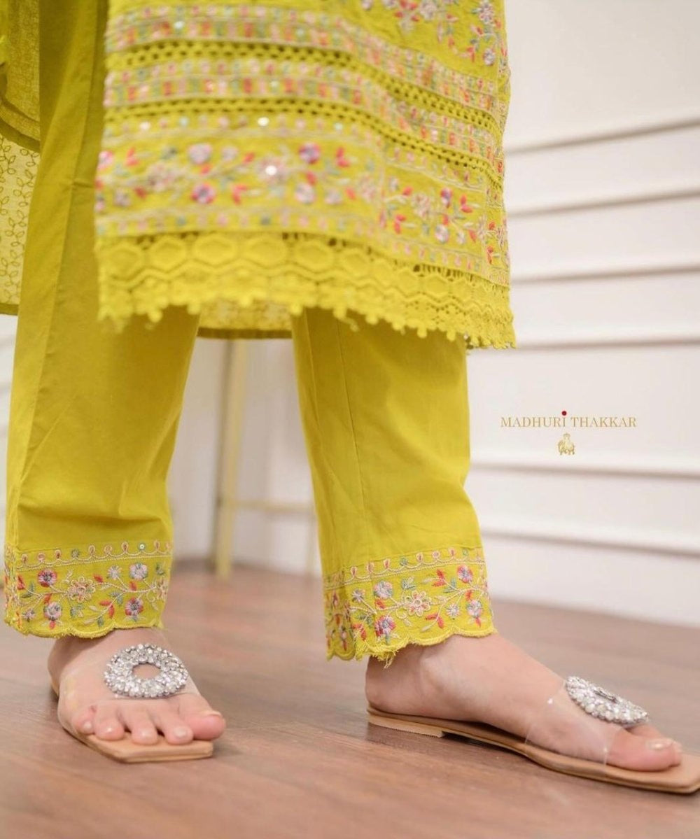 Yellow Schiffli Cotton Kurti, Pant and Dupatta UK Next Day - BONYHUBSALWAR KAMEEZ