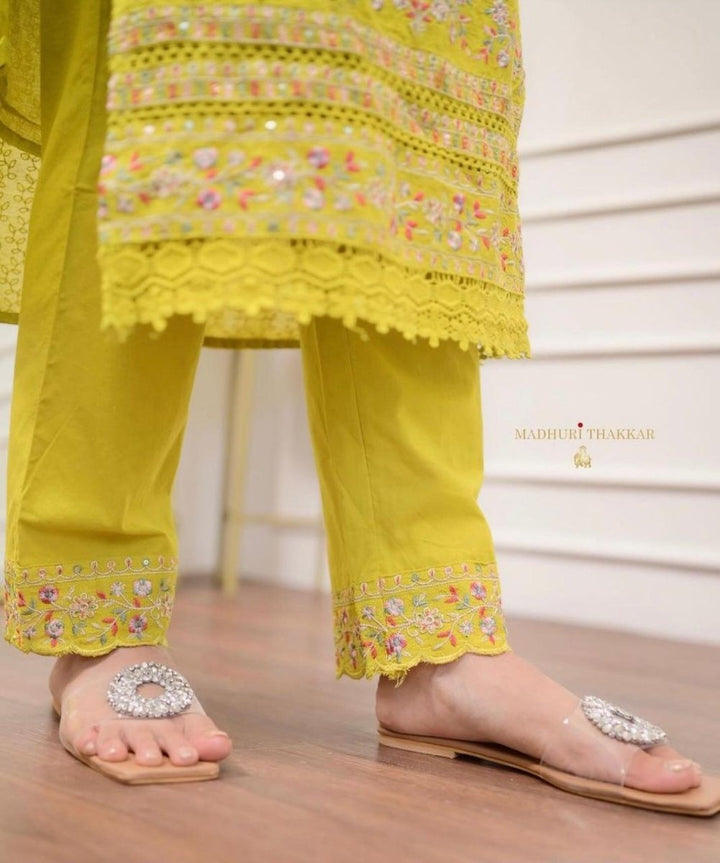 Yellow Schiffli Cotton Kurti, Pant and Dupatta UK Next Day - BONYHUBSALWAR KAMEEZ