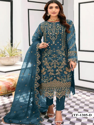 Zariya Collection Blue Organza Embroidery Sequins Salwar Suit UK Next Day - BONYHUBSALWAR KAMEEZ