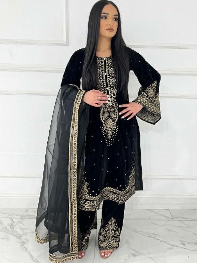 Zivah Black Velvet Embroidery Work Suit Set - BONYHUBSALWAR KAMEEZ