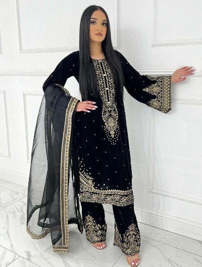 Zivah Black Velvet Embroidery Work Suit Set - BONYHUBSALWAR KAMEEZ