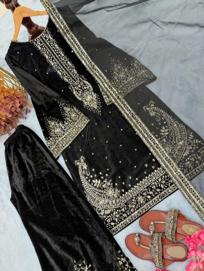 Zivah Black Velvet Embroidery Work Suit Set - BONYHUBSALWAR KAMEEZ