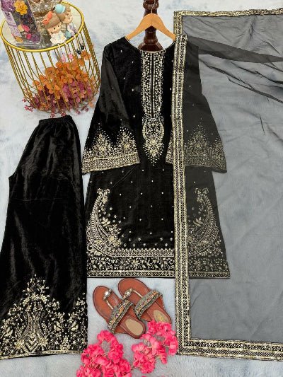 Zivah Black Velvet Embroidery Work Suit Set - BONYHUBSALWAR KAMEEZ