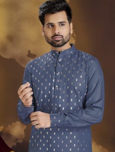 Blue Designer Gold Butti Cotton Men Kurta Pajama - BONYHUBMEN KURTA