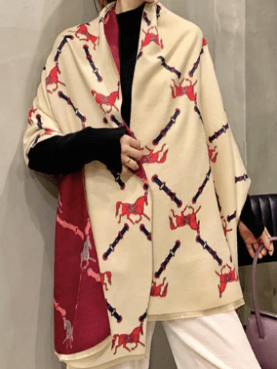 Designer Cream Red Horse Soft Wool Shawl for Woman - BONYHUBShawls