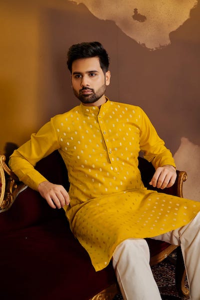 Designer Yellow Gold Silk Cotton Men Kurta Pajama - BONYHUBMEN KURTA