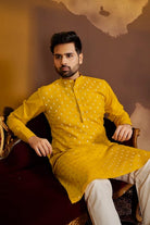 Designer Yellow Gold Silk Cotton Men Kurta Pajama - BONYHUBMEN KURTA