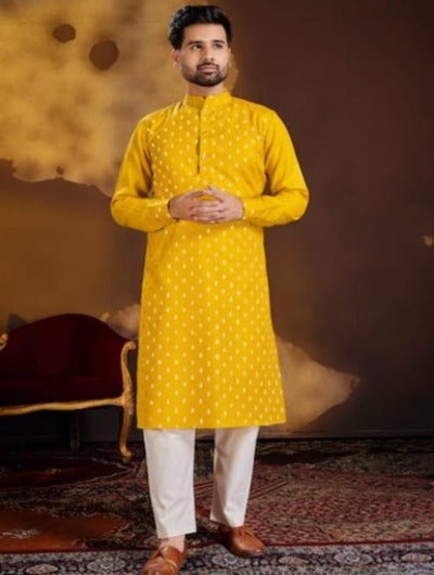 Designer Yellow Gold Silk Cotton Men Kurta Pajama - BONYHUBMEN KURTA
