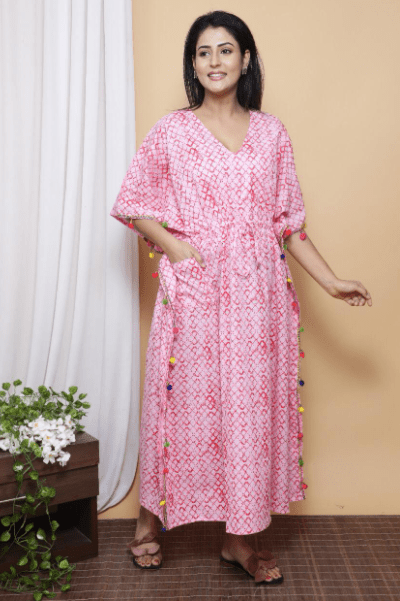 Pink Sqaure Tassel Ajrakh Block Printed Cotton Kaftan - BONYHUBClothing