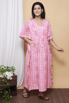 Pink Sqaure Tassel Ajrakh Block Printed Cotton Kaftan - BONYHUBClothing