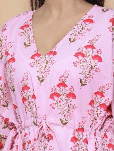 Pink Tassel Ajrakh Block Printed Cotton Kaftan - BONYHUBClothing