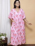 Pink Tassel Ajrakh Block Printed Cotton Kaftan - BONYHUBClothing