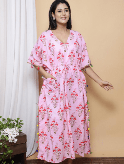 Pink Tassel Ajrakh Block Printed Cotton Kaftan - BONYHUBClothing