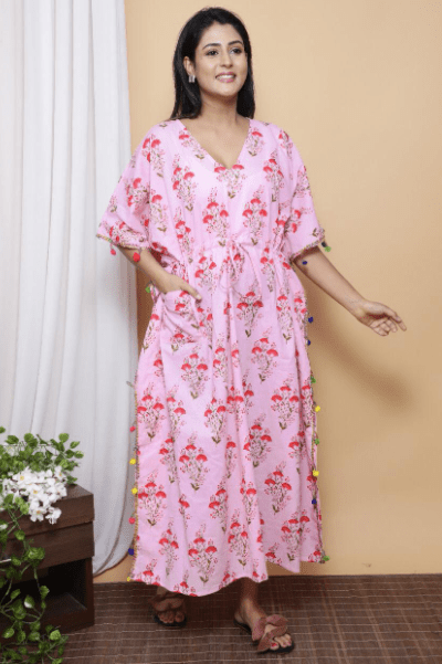 Pink Tassel Ajrakh Block Printed Cotton Kaftan - BONYHUBClothing