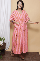 Pink Zigzag Tassel Ajrakh Block Printed Cotton Kaftan - BONYHUBClothing