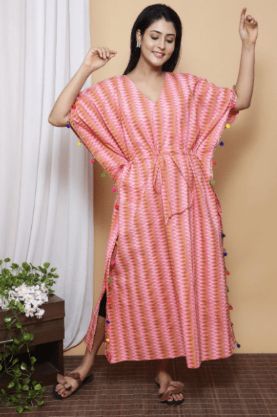 Pink Zigzag Tassel Ajrakh Block Printed Cotton Kaftan - BONYHUBClothing