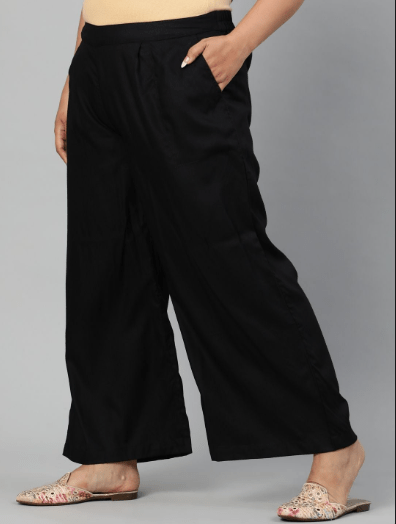 Plus size Women Black Cotton Wide Leg Palazzos - BONYHUBSALWAR