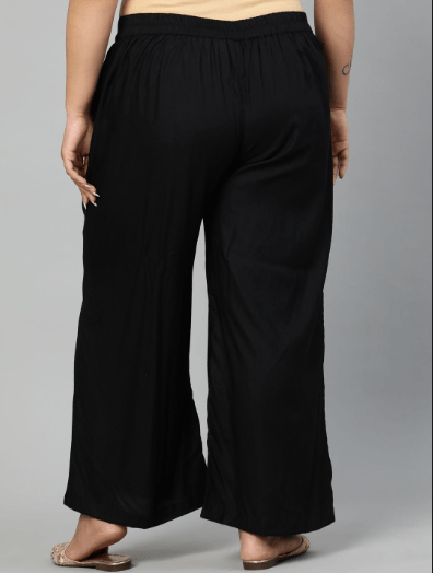 Plus size Women Black Cotton Wide Leg Palazzos - BONYHUBSALWAR