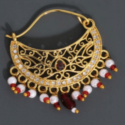 Red Gold Piercing Ethnic Designer Pearl Traditional Nose Nathani - BONYHUBNOSE STUD