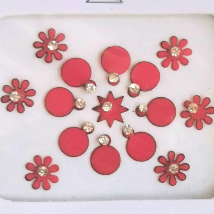 Red Round Floral Diamond Fashion Bindi Sticker - BONYHUBBindi